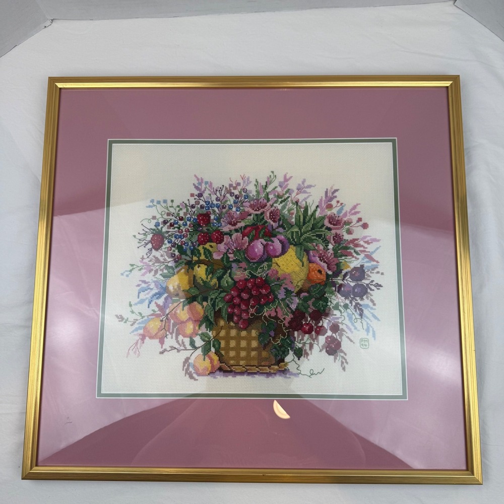 Vintage 1994 Framed Cross Stitch Fruit Basket Floral Embroidery Gold Frame 22.5" - Picture 3 of 11